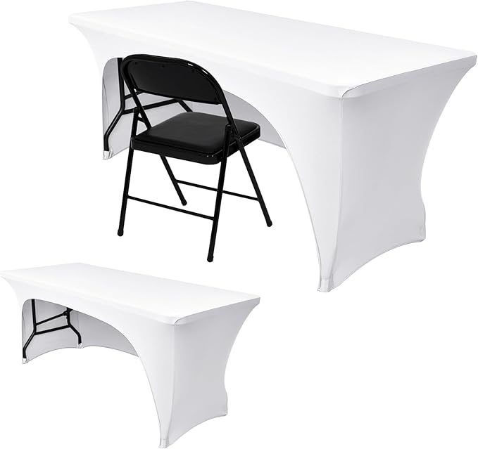 Nasitos 2 Pack White Tablecloth Rectangle for 8 Foot Tables-Open Back Fitted Stretch Spandex Table Covers, Washable Wrinkle-Free Trade Show Table Cover for Parties, Wedding, Banquet, Craft Fair