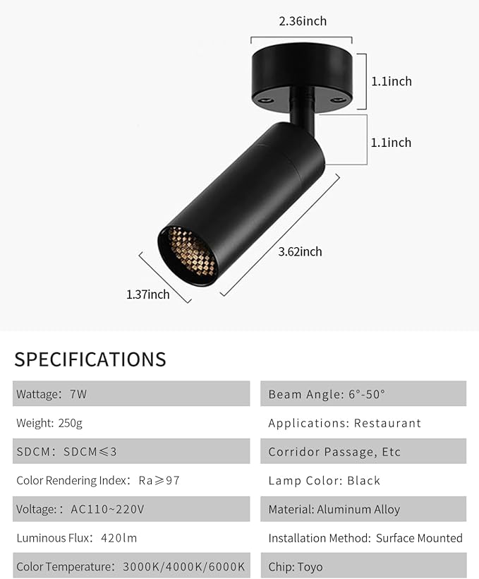 Led Modern Directional Spotlight, Zoomable Uplighting Indoor Spotlight Accent Lighting for Cafeteria Foyer Living Room- 7W COB Chip CRI 97 Flicker Free