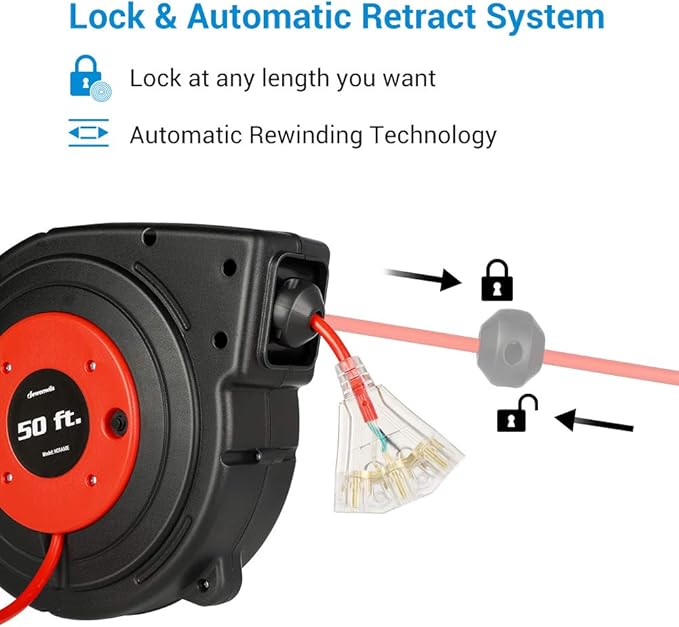 DEWENWILS Retractable Extension Cord Reel, 50FT Power Cord Reel with 14AWG/3C SJTOW, 13A Circuit Breaker, Wall/Ceiling Mounted, 3-Lighted Triple Outlets for Garage, Workshop, UL Listed, Red