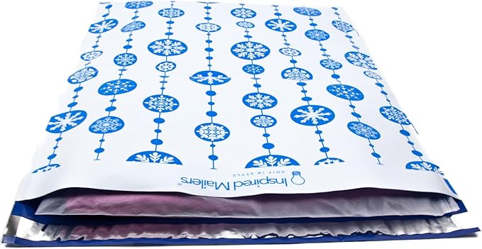 Inspired Mailers - Large Holiday Poly Mailers 14.5 x 19-50 Pack - Snowflake Baubles (Blue) - Large Mailing Envelopes - Large Christmas Shipping Envelopes