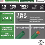 Weatherproof Green Extension Cord 25 ft, 2 Pack, 16/3 SJTW Water Resistant Outdoor Extension Cord 25 Foot 3 Prong, 13 AMP Electric Cable for Outside, Outdoor Lights & Landscaping