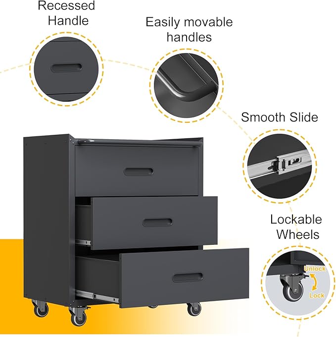 3 Drawers Metal Tool Storage Cabinet with Wheels, Rolling Tool Chest on Locking Wheels & Handle, Garage Cabinet, Heavy Duty Tool Cart, Mobile Steel Locker for Home,Workshop, Warehouse, Black
