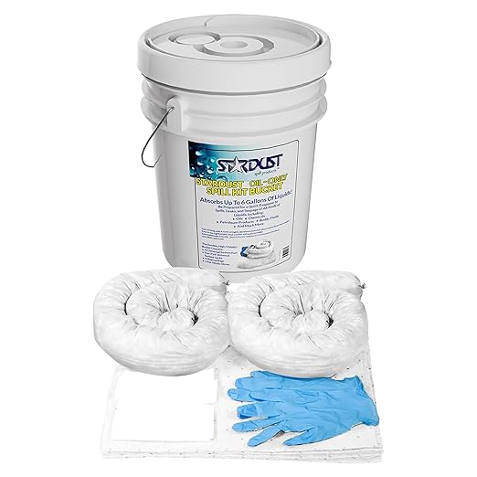 Stardust Spill Products D905P Oil Spill Kit OSHA Approved with Portable Bucket, (15) Oil Absorbent Pads, (2) 3"x4' Absorbent Socks, (4) Disposal Bags & Nitrile Gloves Oil Spill Kit for Fast Response
