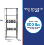 Shelving Inc. 12" d x 30" w x 54" h Chrome Wire Shelving with 5 Tier Shelves, Weight Capacity 800lbs Per Shelf