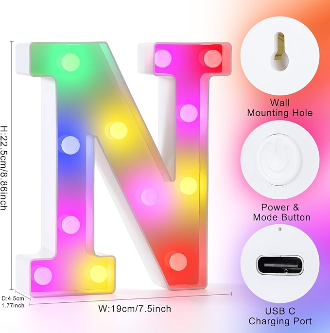mooncow Rechargeable Light Up Letters,Colorful Marquee Letters with Remote,Gift Wrap Gifts,Bedroom Home Bar Party Decor (N)