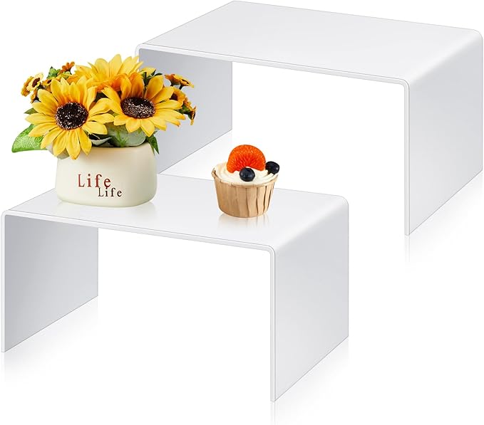 2 Pcs 14 Inch Large Acrylic Risers Display Stands 5 mm Thick Acrylic Shelf Riser Showcase for Collectibles Jewelry Cupcakes Food Figures Perfume Cabinet (White)