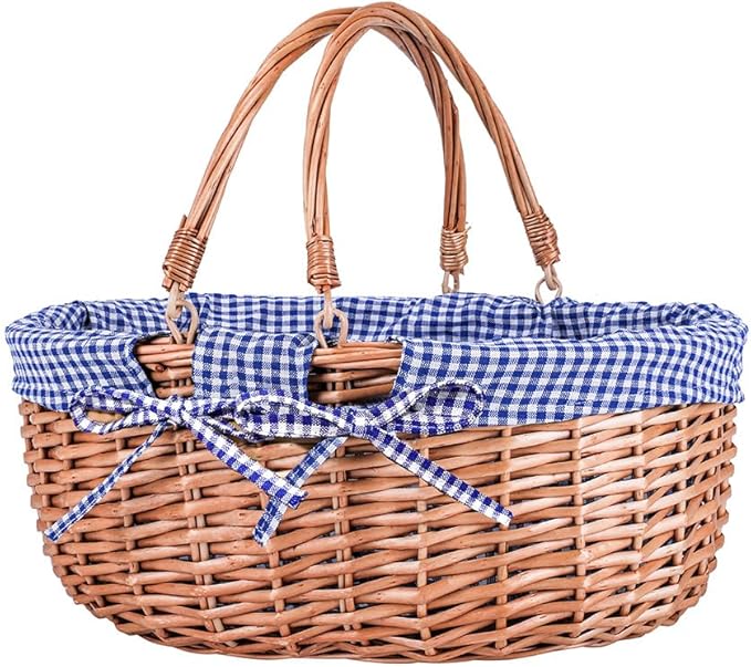 Large Wicker Picnic Basket with Handles,Handle Sturdy Woven Body with Removable and Washable Lining,Outdoor Camping,Gift Packing,Garden Picking, Storage.Blue