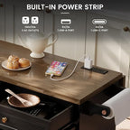 COCO DESIGN 60" Rolling Kitchen Cart with Power Strip & Drop Leaf, Thick Countertop, Large Storage Cabinet & Drawers, Mobile Island with Locking Wheels, Towel Rack and Spice Rack, Black and Walnut
