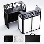 Portable DJ Booth Table,Foldable DJ Table Stand with White & Black Scrim,Adjustable D J Facade Station Triangle Plate Metal Frame with Cable Hole for Private Events, Clubs, Bars