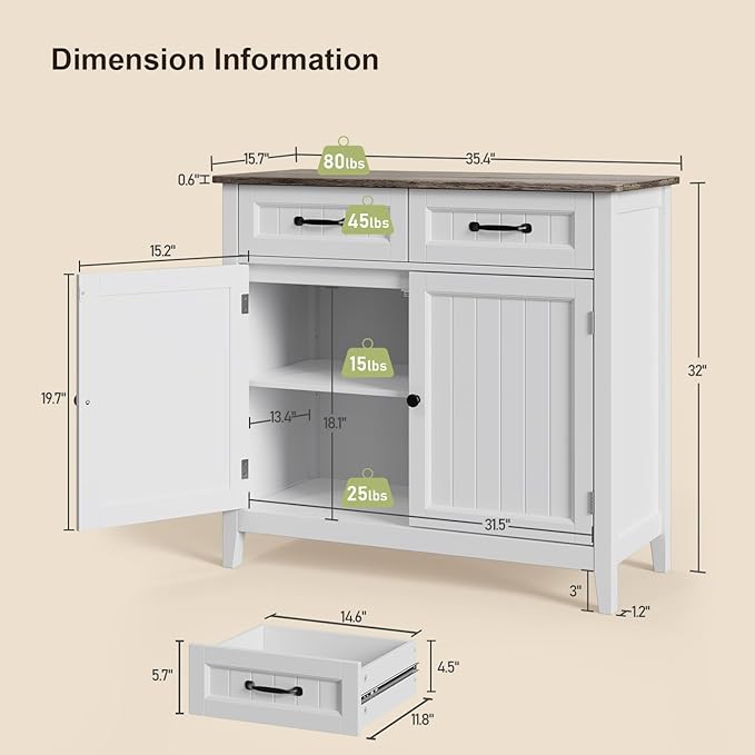 Gizoon Kitchen Sideboard Buffet Cabinet, 32'' H Large Kitchen Storage Island and Adjustable Shelf, Modern Coffee Bar Console Cabinet for Dining Room, Bathroom, Entryway, Grey