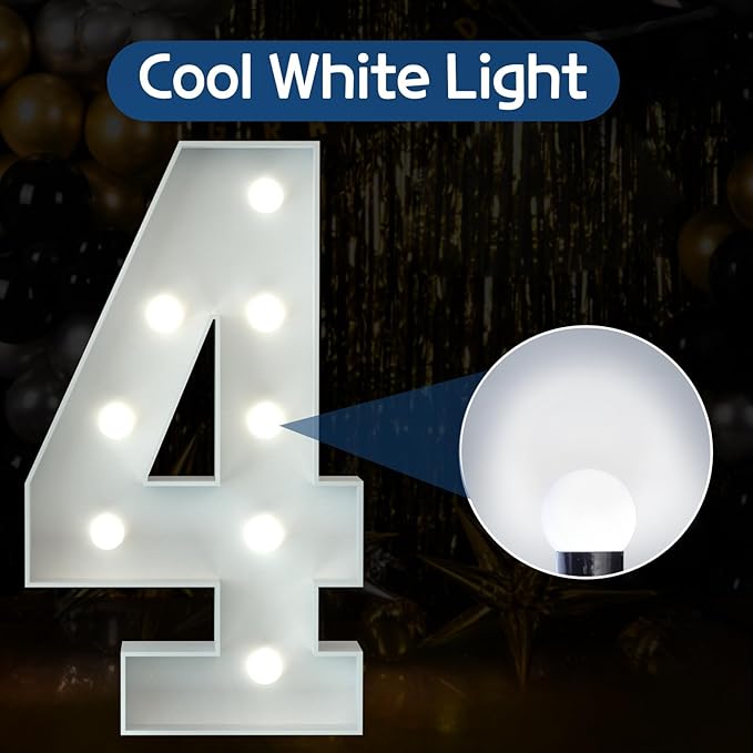 Marquee Numbers 3 Feet Tall Big Light Up Numbers 4 Year Old 14th 40th Birthday Decorations Women Men White Anniversary Party Decor Large Cardboard Prop Backdrop Sign 4