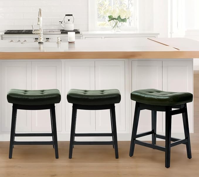 Counter Height Bar Stools Set of 3 for Kitchen Counter Farmhouse Modern Barstools with Faux Leather Upholstered Backless Seat and Solid Wood Legs 24 inch Bar Chairs, Green + Black