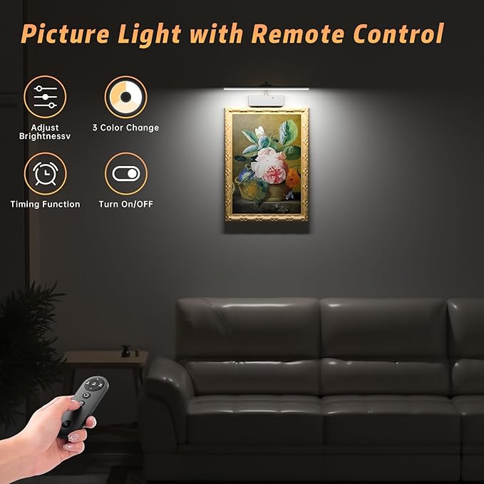 Lightbiz Picture Light, 15.35inch 5400mAh Rechargeable Picture Lights for Wall Battery Operated Wall Lights with Remote, 3 Colors Paintings Light Dimmable Art Light for Artwork, Gallery (Silver)