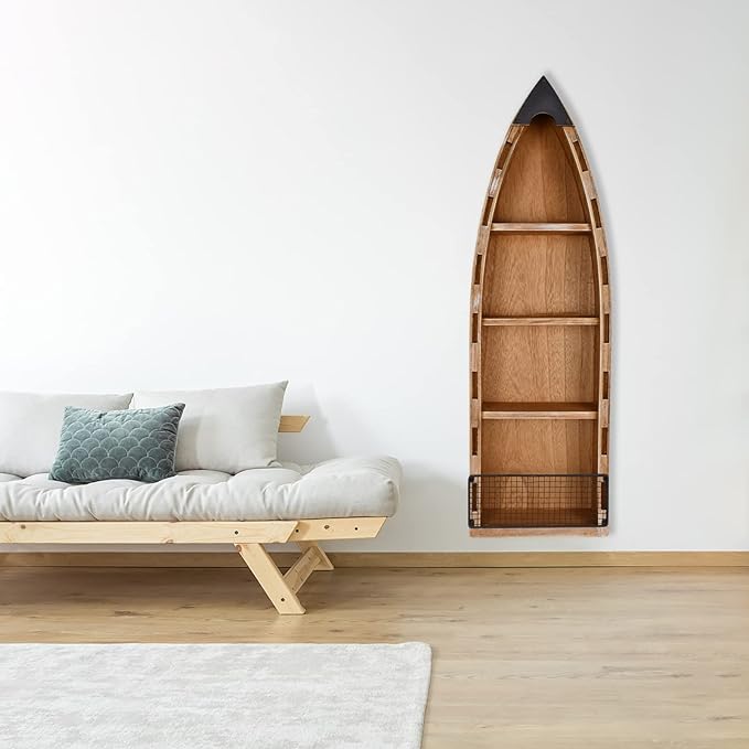 Aecipl Solid Wood Boat Shelf Decorative Nautical Wall Decor Beach Themed Bookcase Large Wooden 4-Tier Display Shelves for Home Kitchen Bedroom Living Room (31.5" H)