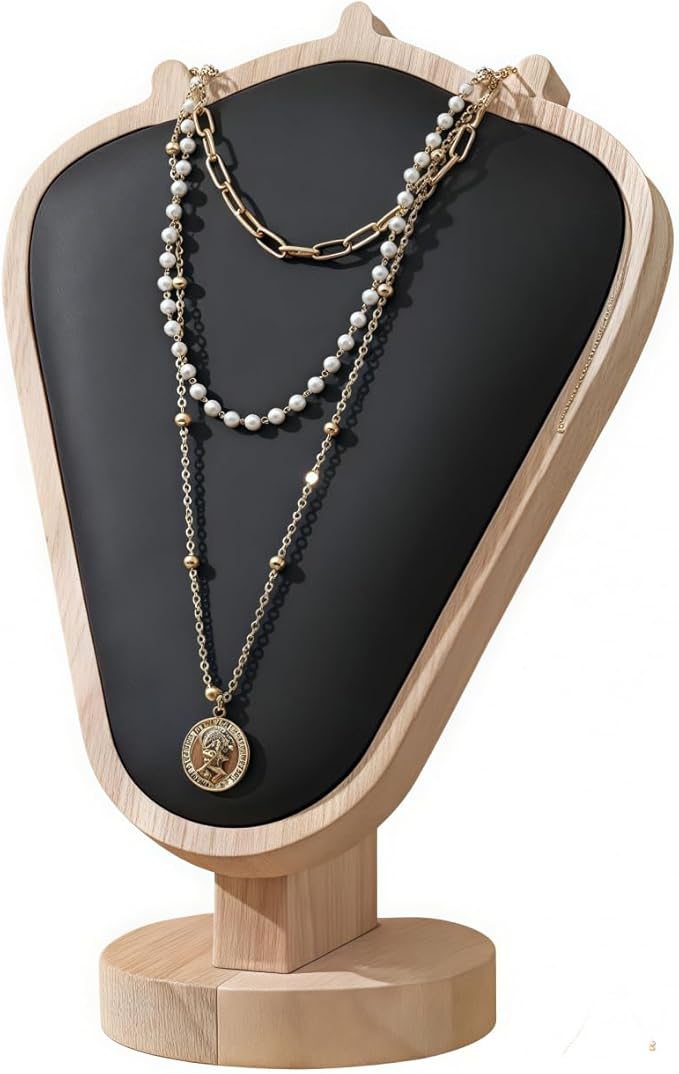Natural Body Wood Necklace Display Stand with Black Leather Soft Mat Necklace Holder Organizer Desktop Stand for Home Store Dresser-3.3"x5.8"x8.4"