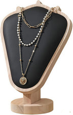 Natural Body Wood Necklace Display Stand with Black Leather Soft Mat Necklace Holder Organizer Desktop Stand for Home Store Dresser-3.3"x5.8"x8.4"