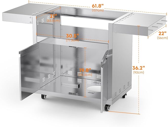 Stainless Steel Grill Cart for Hygrill 4-Burner Built-In Gas Grill, Outdoor Kitchen Island with Foldable Side Shelves and Storage Cabinet