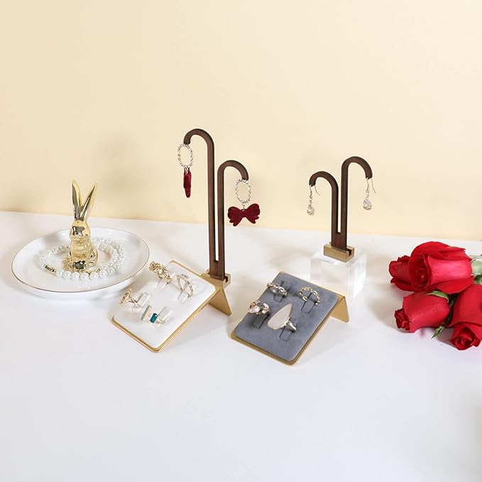 GemeShou 2 pcs walnut earring display stands for selling, cute earring hanger, wood hanging earring holder for boutique display【Y shape rectangle base-2pcs】