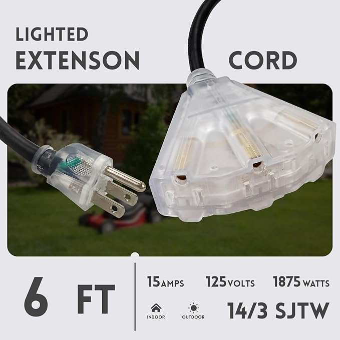 EP 6 Ft Lighted Outdoor Extension Cord with 3 Electrical Power Outlets - 14/3 SJTW Heavy Duty Black Extension Cable with 3 Prong Grounded Plug - Power Cord for Lawn, Garden, Appliances