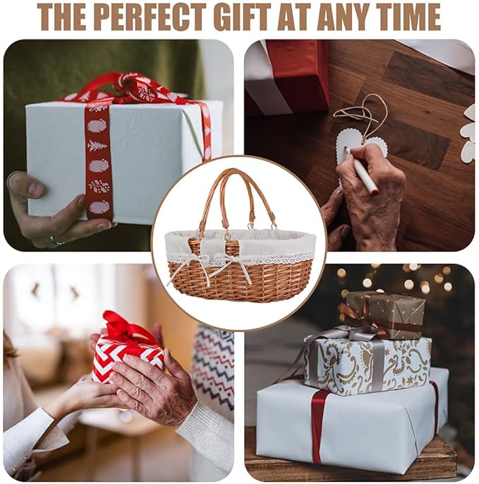 Large Wicker Picnic Basket with Handles,Handle Sturdy Woven Body with Removable and Washable Lining,Outdoor Camping,Gift Packing,Garden Picking, Storage.White