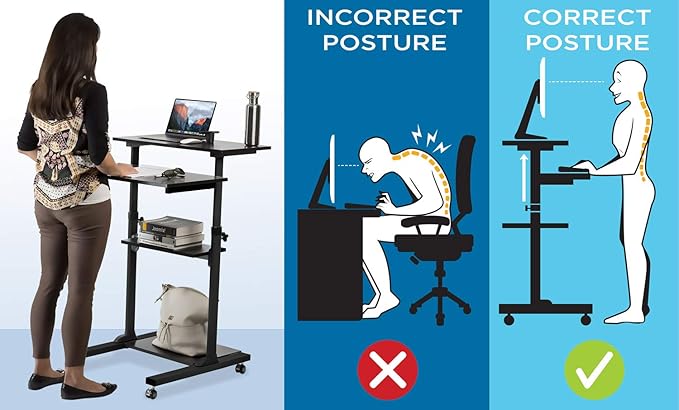 Mount-It! Black Rolling Standing Desk, Adjustable Height up to 54.7", Portable Laptop Podium Desk on Wheels, Mobile Computer Workstation with 4 Shelves, Presentation Cart for Home Office or Classroom