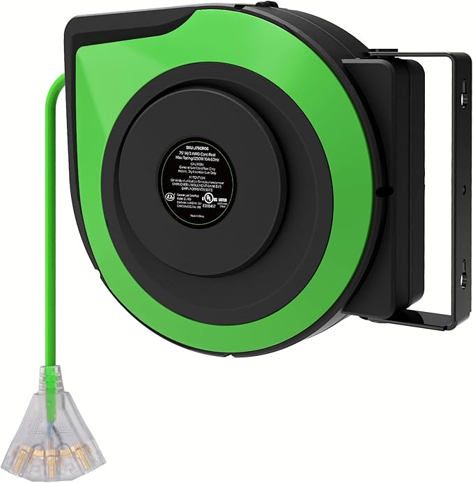 Retractable Cord Reel, 75 FT Heavy Duty Extension Cord, 14AWG/3C SJTOW, 3 Grounded Outlets Lighted Triple Tap, 10A Circuit Breaker, Wall/Ceiling Mounted, UL Listed, Green J75CR06