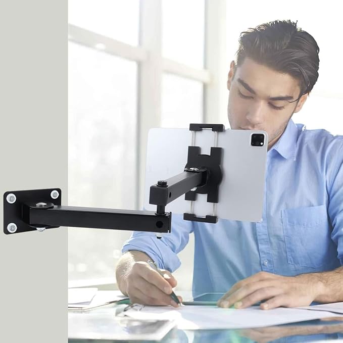 Foldable Wall Mount iPad Holder Tablet Mount Stand,360° Adjustable Tablet Holder,2-Stage Extendable Articulating Aluminum Alloy Arm,Compatible with 4.7~12.9" iPad/Nexus/e-Reader/Switch/iPhone