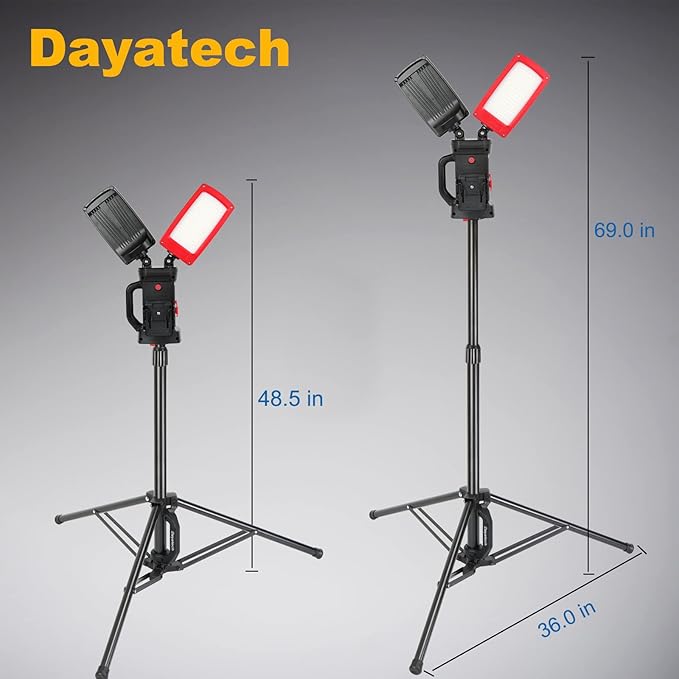 12000LM 85W Corded and Cordless LED Work Light with Tripod, Compatible with MILWAUKEE DEWALT MAKITA 18-21V Battery, Dual-Head Adjustable Jobsite Light, Flicker-Free for Auto Repair Electrical
