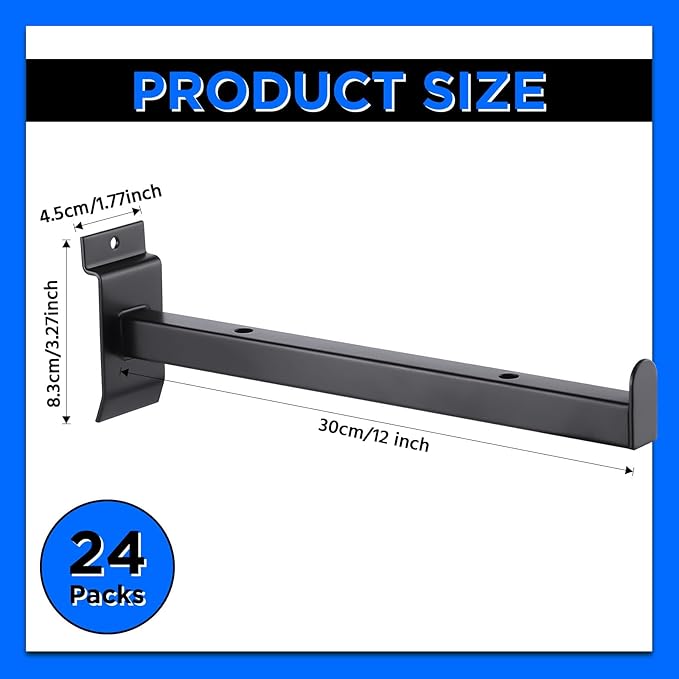 Zonon 24 Pcs 12 Inch Slatwall Shelf Bracket Heavy Duty Slatwall Shelves Display Hooks Hangers Paneling Accessories for Panel Retail Shop Garage Room Storage Organizer Exhibition(Black)