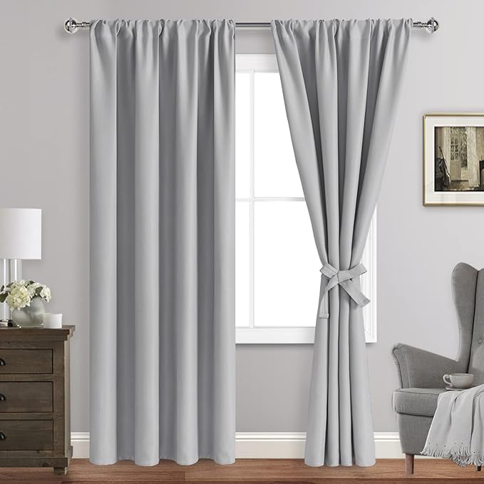 JIUZHEN Silver Grey Curtains for Bedroom - Thermal Insulated Blackout Curtains with Tiebacks 2 Panels, Room Darkening Rod Pocket Curtains for Living Room, 38 x 84 Inch Length