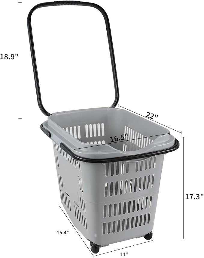 50 L Plastic Rolling Shopping Basket with Handles, Portable Retail Shopping Baskets for Supermarket, 4 PCS
