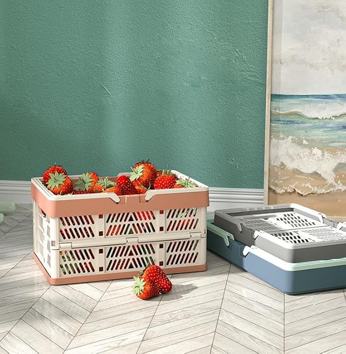 Domiella 2-Pack Foldable Storage Baskets, Collapsible PP Crates with Handles - 20L Capacity, Strong and Portable for Home Organization, Picnic and Shopping, Pink