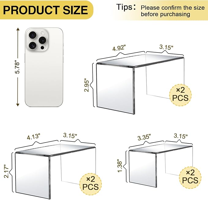 6 Pcs Acrylic Display Risers, 2 Sets Small Size Clear Shelf Riser, 0.15" Thick Acrylic Risers Display Stands, Clear Risers for Dessert, Cupcake, Candy, Figure Jewelry Showcase