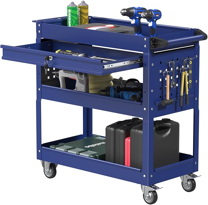 3 Tier Rolling Tool Cart, Heavy Duty Service Cart on Wheels for Mechanics,400 LBS Utility Cart with Drawers for Garage, Warehouse & Repair Shop (DARKBLUE)