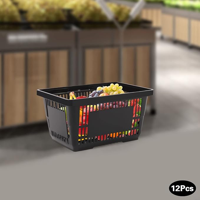 12PCS Shopping Baskets with Handles, Black Plastic Shopping Basket Set, 21L Portable Grocery Baskets with Handles, Grocery Shopping Basket Set for Stores, Supermarket, Retail,Shopping Carrying