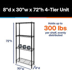Shelving Inc. 8" d x 30" w x 72" h Black Wire Shelving with 4 Tier Shelves, Weight Capacity 300lbs Per Shelf