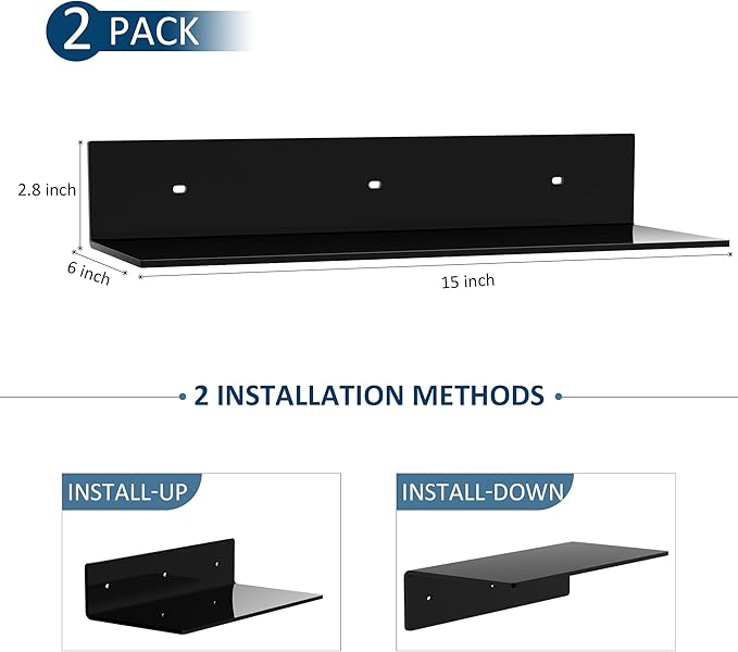 15 Inches Acrylic Wall Shelves 2 Pack, Floating Shelf for Wall Mounting, Acrylic Display Ledges for Funko Pop Figures, Home Décor, Living Room, Gaming Room, Plants(15 inch, Black)