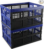 Hespapa 35 Quart Folding Crates, Blue Plastic Collapsible Storage Container Milk Crate Baskets, 2 Pack