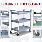 Plastic Utility Carts with Wheels, 3-Tier Medium Size Restaurant Food Cart, Heavy Duty 510lbs Capacity Rolling Service Cart w/Hammer for Commercial, Kitchen, Office (Lockable Wheels, M-Grey)