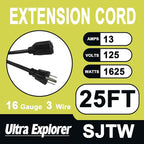 25 Ft Indoor Outdoor Black Extension Cord, 16/3 SJTW Heavy Duty Water-Resistant, 3 Prong Grounded Plug Power Cord for Home Appliance, Lights and Lawn, 13A 1625W, UL Listed