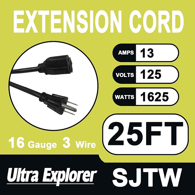 25 Ft Indoor Outdoor Black Extension Cord, 16/3 SJTW Heavy Duty Water-Resistant, 3 Prong Grounded Plug Power Cord for Home Appliance, Lights and Lawn, 13A 1625W, UL Listed