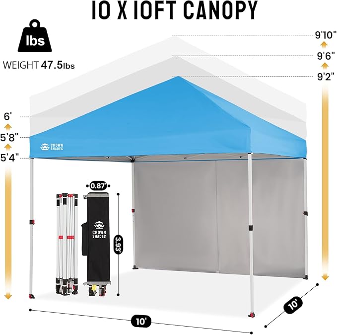 CROWN SHADES 10X10 Comercial Instant Canopy Pop Up Tent with Center Lock, 300D Fabric, 4 Sidewalls, Sto'N Go Bag, Sky Blue