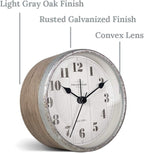 Presentime & Co 4" Farmhouse Tabletop Alarm Mantel Clock, Desk and Shelf Clock, Silent no Ticking, Light Grey Oak and Rusted Galvanized Finish. Tabletop Décor, Home Décor, Farmhouse Décor