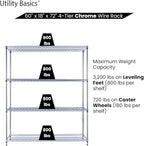 NSF Commercial 4-Tier Wire Shelving with Wheels, 60"x18"x72" Heavy Duty Metal Shelves 3200 lbs Max Capacity, Chrome Storage Rack for Garage Kitchen Pantry Warehouse