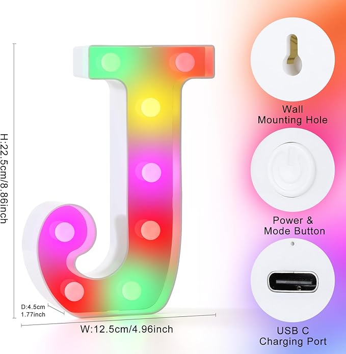 mooncow Rechargeable Light Up Letters,Colorful Marquee Letters with Remote,Gift Wrap Gifts,Bedroom Home Bar Party Decor (J)