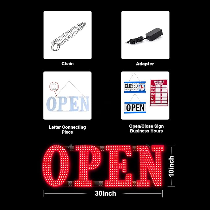 30"x10" Large LED Open Signs for Business Super Bright Unique Design Red Open Sign with Hanging Installation for Window Stores Bar Hotel Retail Shops Salon Restaurant Office