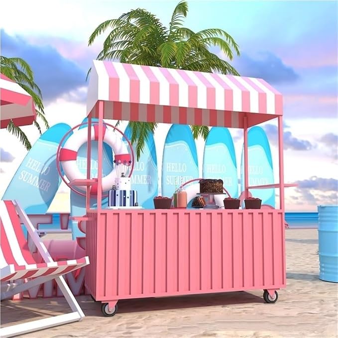 Outdoor Food Vendor Cart with Canopy, Portable Mobile Street Food Stand, Foldable Commercial Vending Trolley Kiosk for Markets and Events(Pink,55.1in)