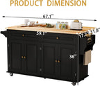 67’’ Movable Kitchen Island with Drop Leaf and Power Outlet, Lockable Sliding Countertop Rolling Island Cart with 2 Large Drawers, Spice, Towel Rack,Black