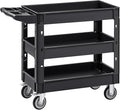 VEVOR Utility Cart, 3-Tier Plastic Service Cart with 550LBS Capacity, 360° Swivel Casters (Including 2 Locking Wheels), Medium Lipped Shelves, Ergonomic Handle, for Garage, Warehouse, Cleaning Tasks