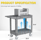 Heavy Duty Plastic Utility Cart with Wheels, Rolling Tool Cart on Wheels, Service Cart for Garage, Warehouse, Workshop, Office, Cleaning (Gray-40.6 inch)